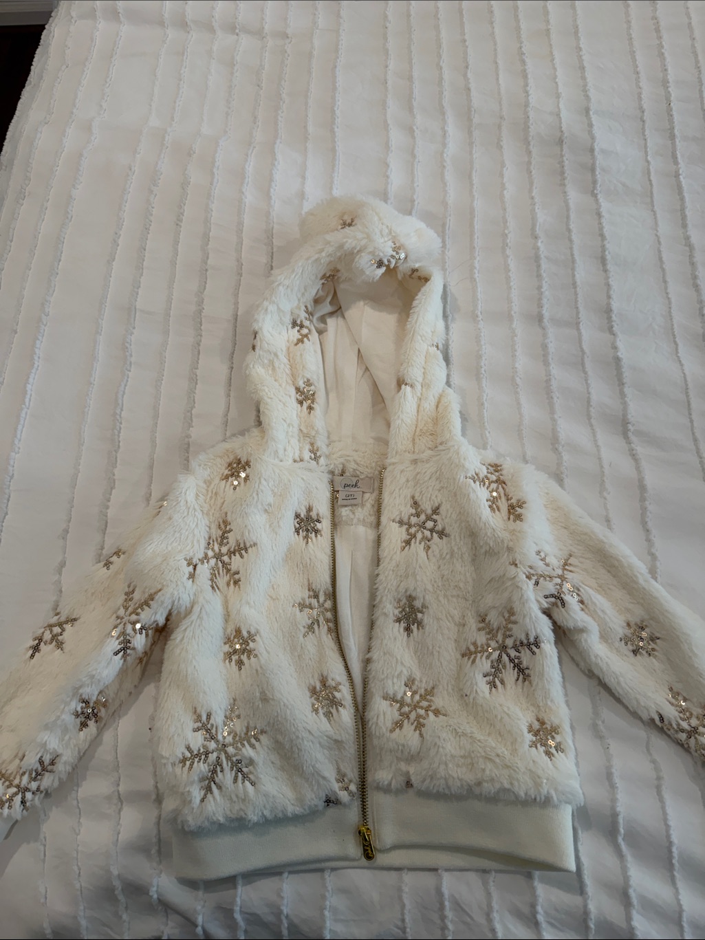 Peek Cream Faux-Fur Hooded Jacket With Gold Sequin Snowflakes